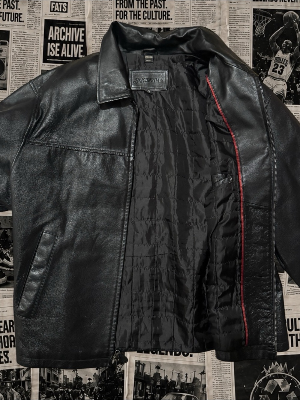 St. John's Bay Black Leather Bomber Jacket with Red Trim